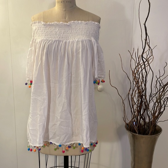 Unique Spectrum Tops - Unique Spectrum Off the Shoulder Blouse with colored ball details
